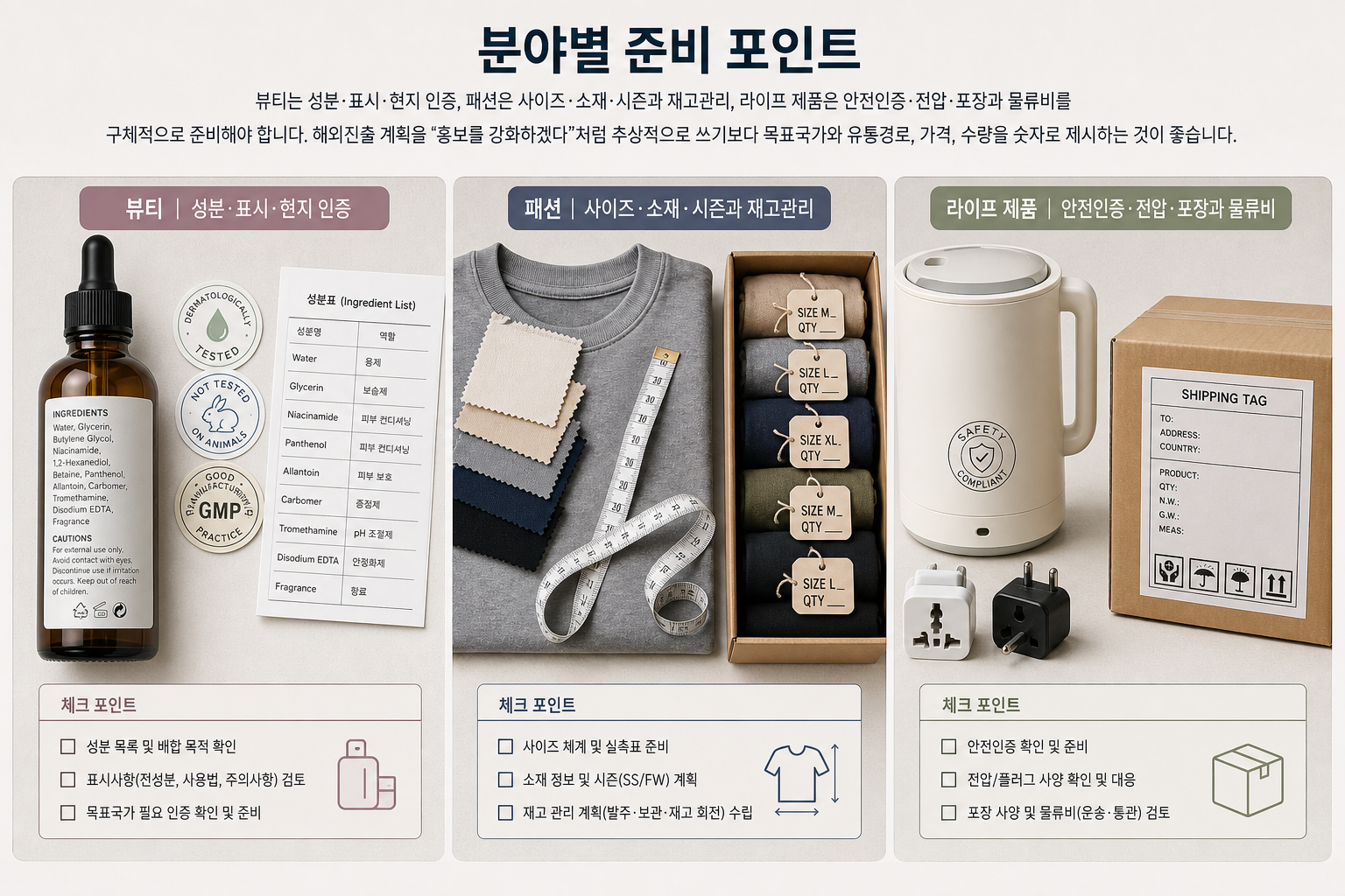 뷰티·패션·라이프 분야별 준비 포인트를 3단 패널로 보여주는 평면 사진 — 성분·인증, 사이즈·재고, 안전·포장