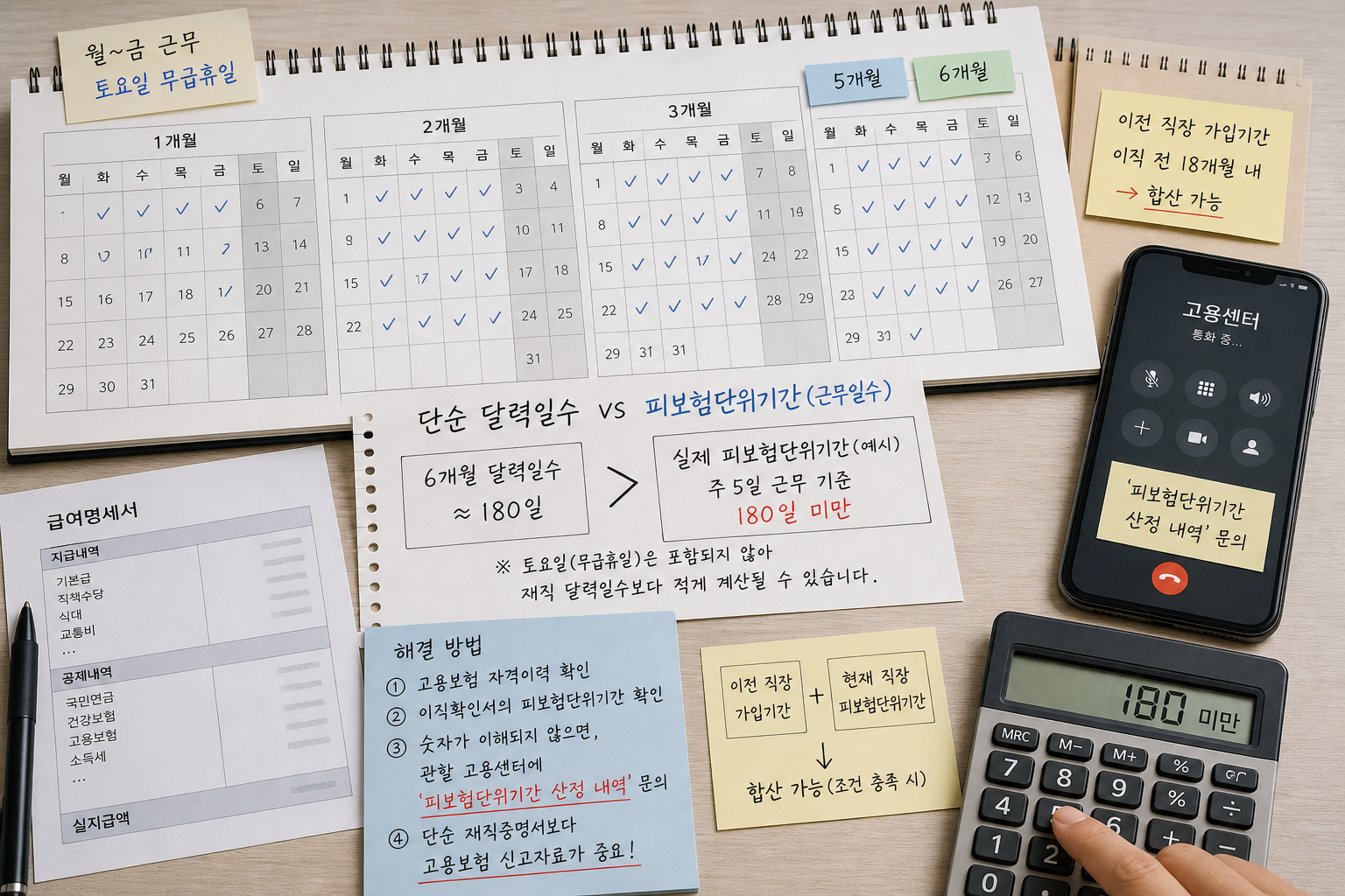 평일만 표시된 달력과 계산기로 피보험단위기간을 계산하는 탁상 전경