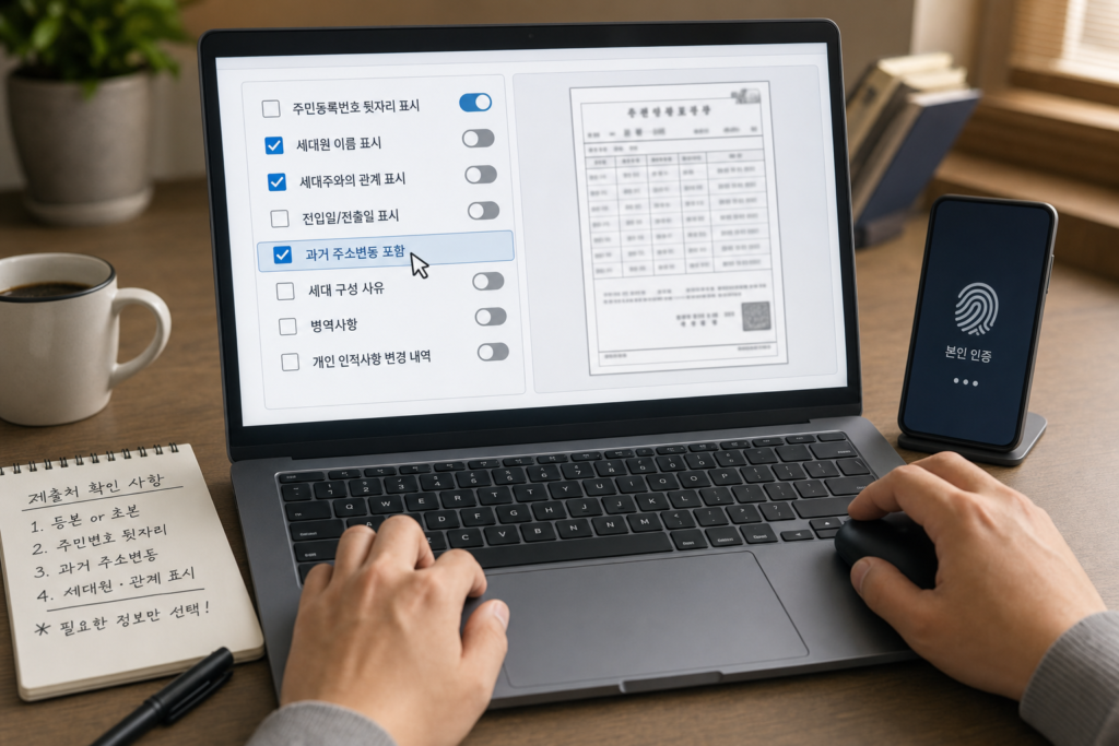 웹 인터페이스에서 발급 항목을 꼼꼼히 선택하는 사용자 화면 근접샷