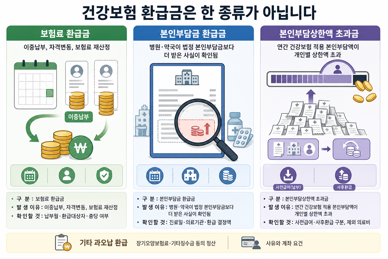 이중납부·진료과다청구·본인부담상한 초과 등 세 가지 환급 유형을 아이콘으로 나눠 보여주는 인포그래픽