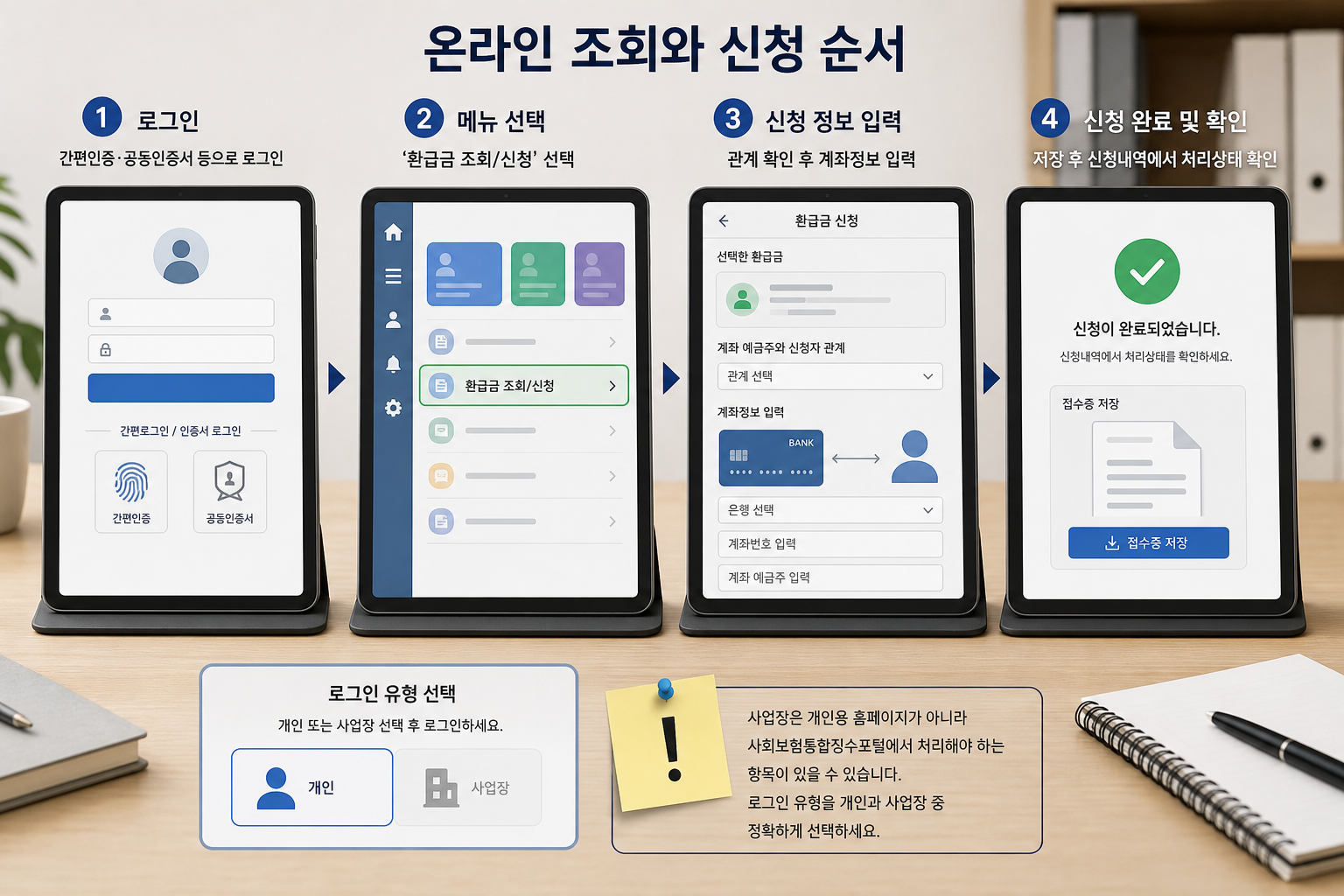 간편인증 로그인부터 환급 항목 선택, 계좌 입력, 접수 완료까지 순서도처럼 보여주는 온라인 신청 화면 모형