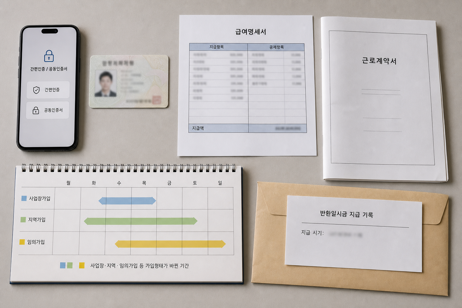 간편인증용 스마트폰, 신분증, 최근 급여명세서, 근무계약서와 달력 하이라이트가 놓인 준비물 플랫레이