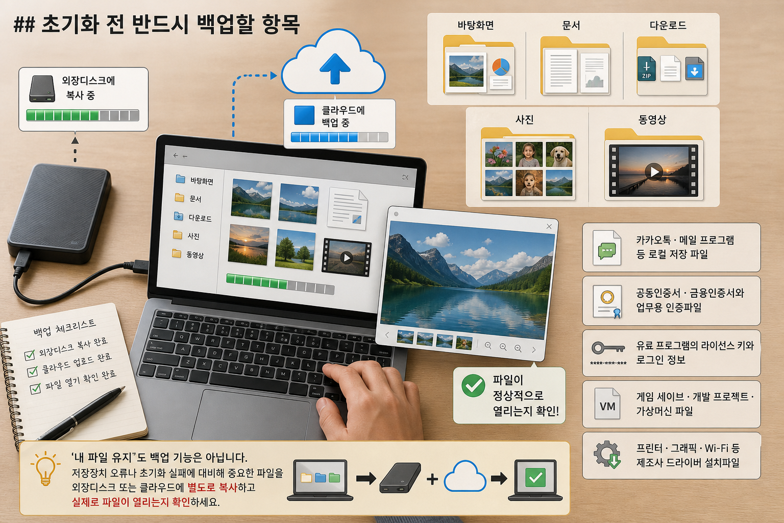 외장하드와 클라우드 아이콘으로 백업 중인 탑다운 장면, 바탕화면·문서·사진 미리보기와 파일 열어 확인하는 모습