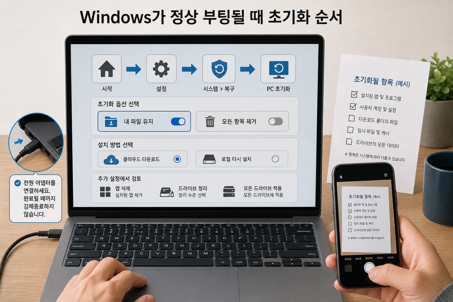 설정→복구 순서를 아이콘 화살표로 보여주는 랩톱과 체크리스트를 스마트폰으로 촬영하고 어댑터가 연결된 장면