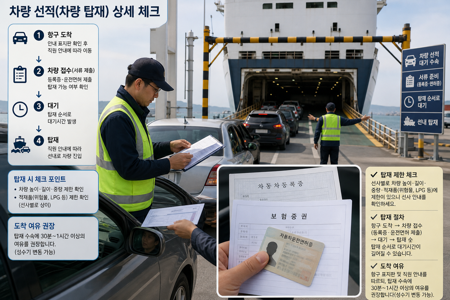 대기 중인 차량 행렬과 직원이 차량등록증·운전면허·보험증을 확인하며 탑재 수속을 진행하는 장면