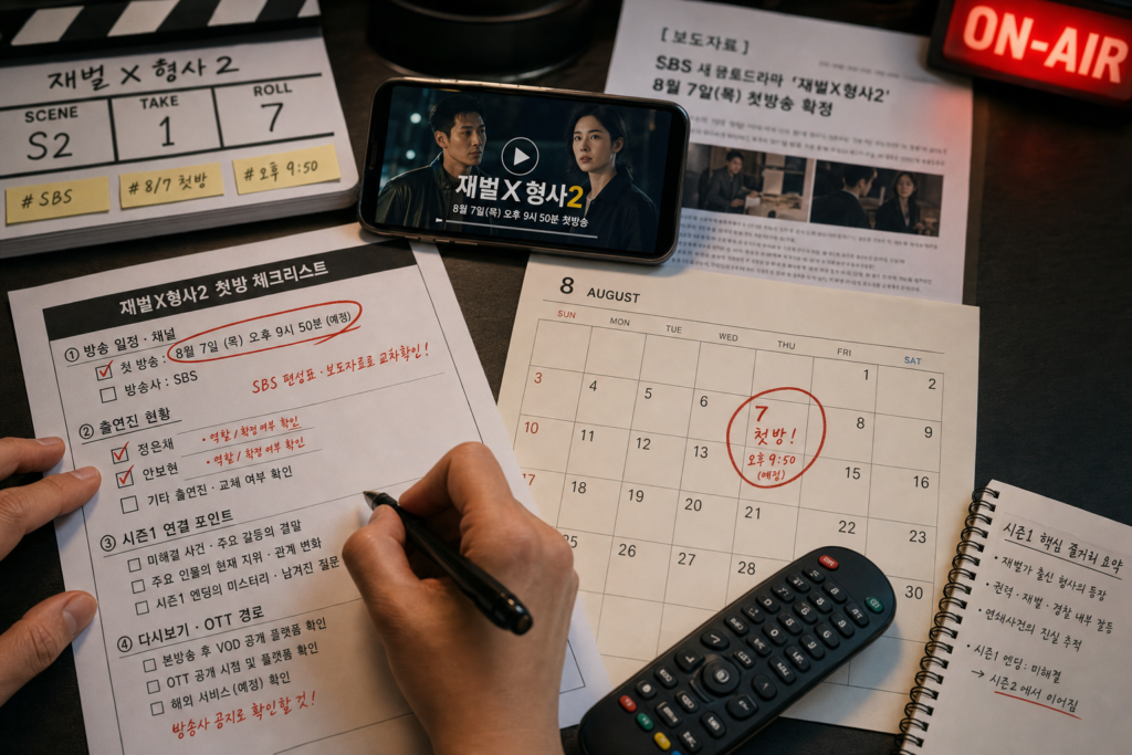 편집 데스크 위 첫방 확인 체크리스트와 달력에 8월7일 동그라미, 리모컨과 스마트폰이 함께 있는 장면