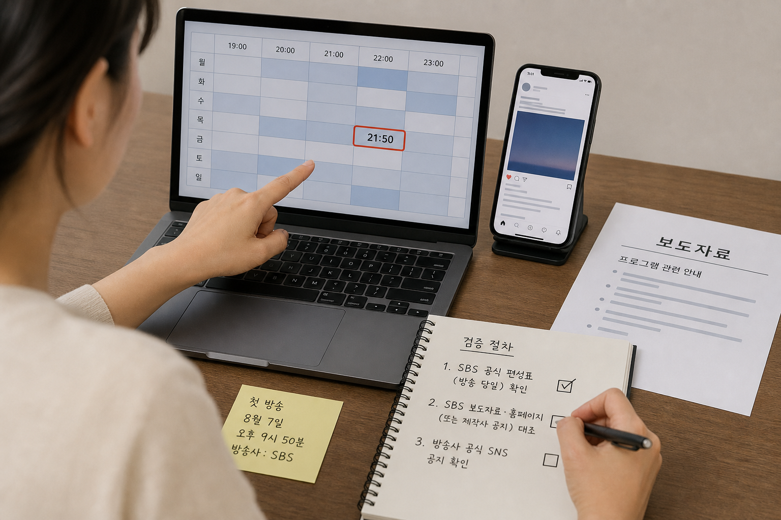노트북 편성표(21:50 강조), 스마트폰 SNS, 보도자료를 대조하며 항목을 체크하는 오버숄더 장면