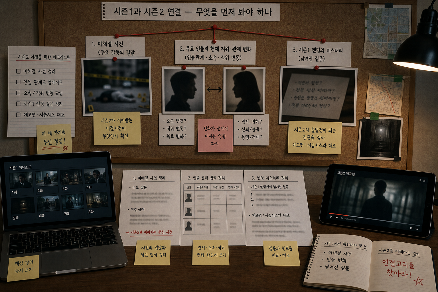 코르크보드에 빨간 실로 연결된 시즌1 핵심 단서들(미해결 사건, 인물관계, 엔딩 미스터리)을 분석하는 조사 보드