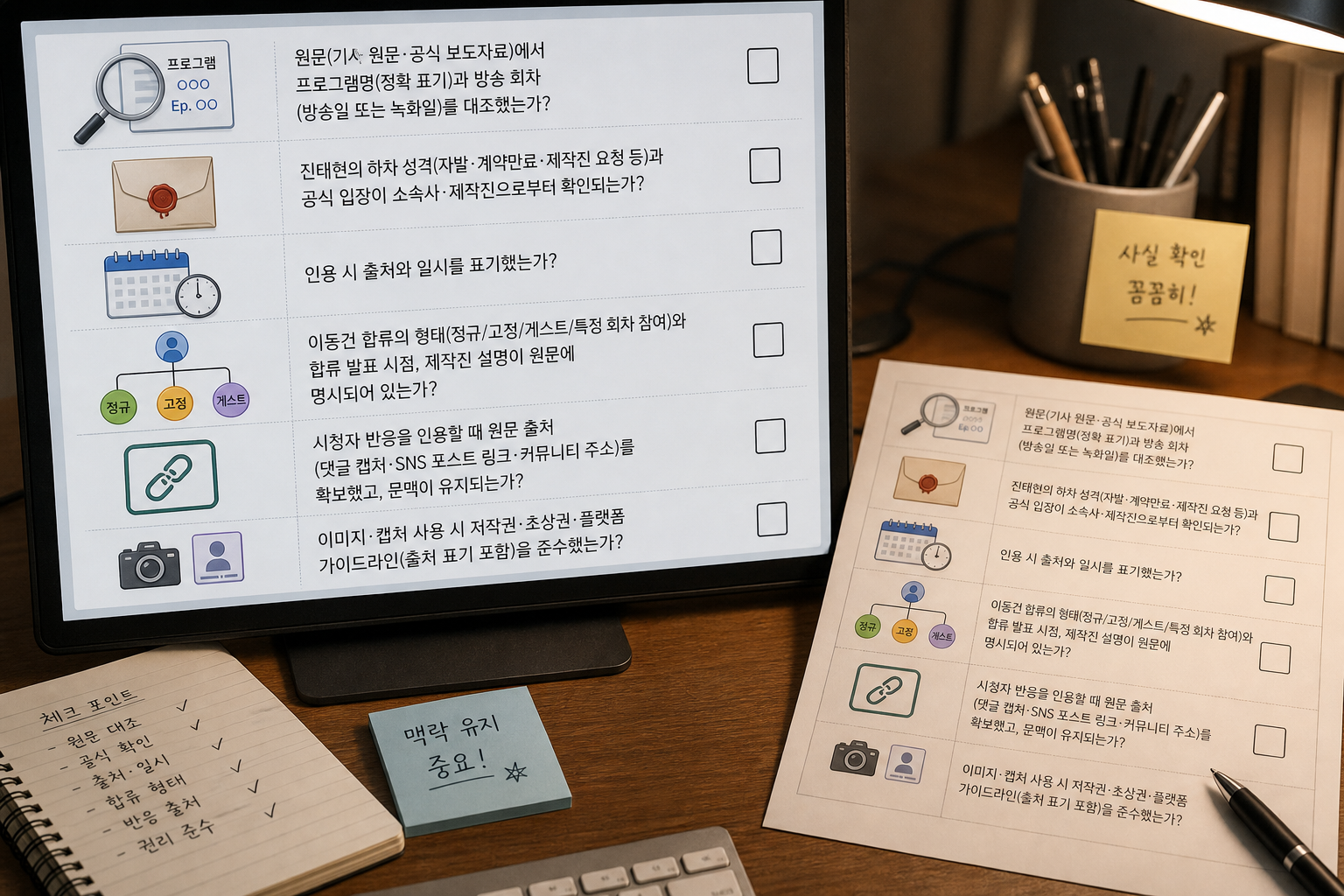편집자 책상에 놓인 발행 전 확인 체크리스트 일러스트