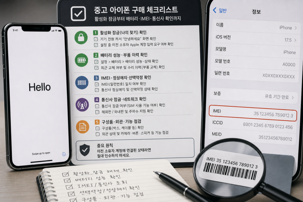 중고폰(아이폰) 구매 체크리스트: 활성화 잠금부터 배터리·IMEI·통신사 확인까지