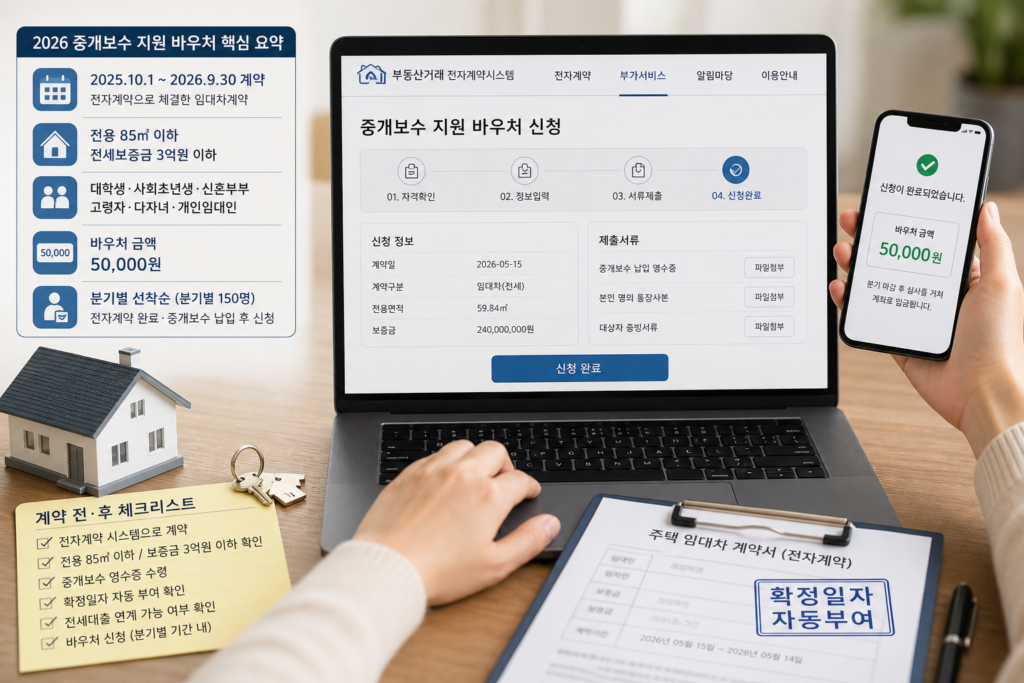 2026 중개보수 지원 바우처 정리: 전자계약으로 전세 3억 이하 계약 시 5만원 받는 법과 실전 체크리스트