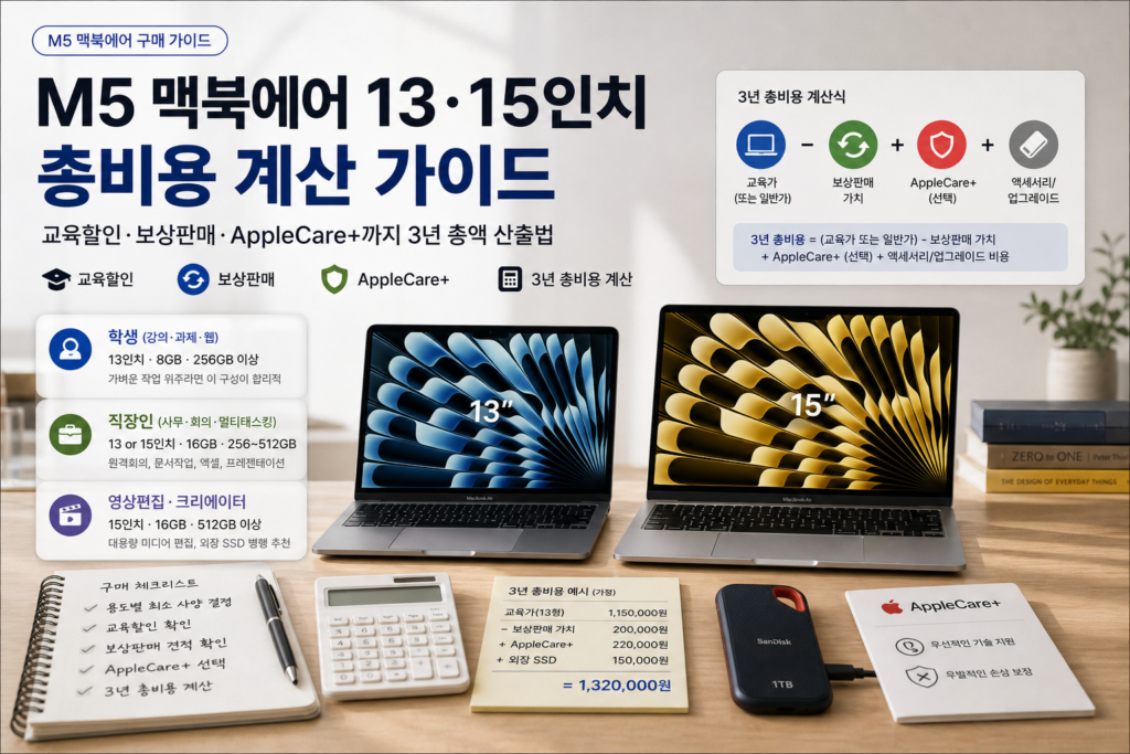 M5 맥북에어 13·15인치 총비용 계산 가이드: 교육할인·보상판매·AppleCare+까지 3년 총액 산출법