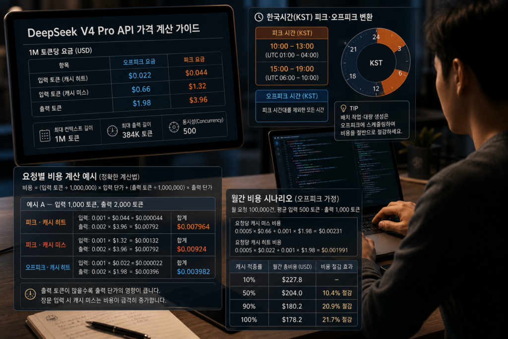 DeepSeek V4 Pro API 비용 완전 가이드: 한국시간 피크·오프피크 변환과 실제 비용 계산법