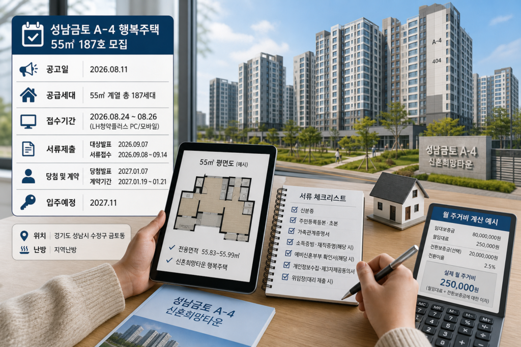 성남금토 A-4 행복주택(55㎡) 187호 한 번에 정리 — 신청자격·임대조건·서류·월거주비 계산법