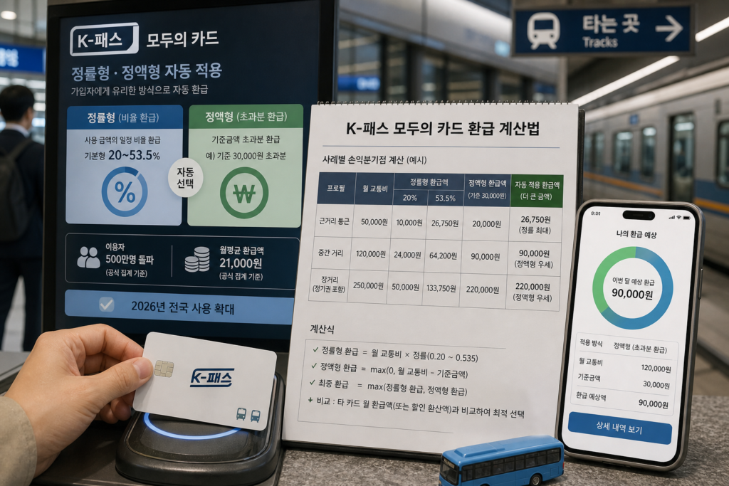 K-패스 모두의 카드 환급 계산법: 정률형·정액형 자동 적용과 수도권 정기권 손익분기점 계산