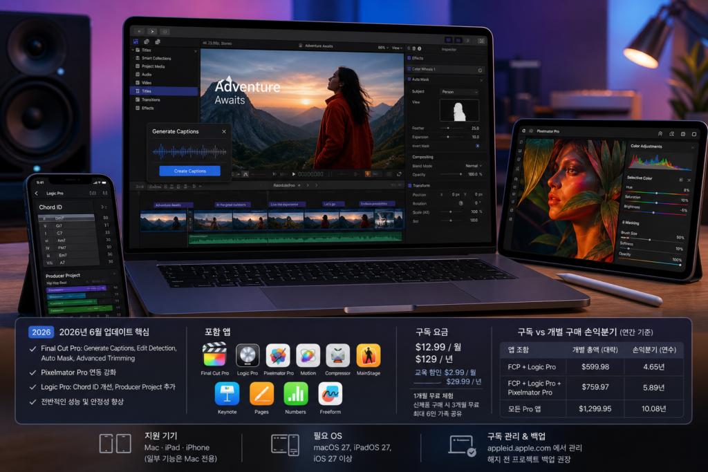 Apple Creator Studio 2026 업데이트 완전 정리 — 기능·기기·구독 대 개별 구매 손익분기 계산법