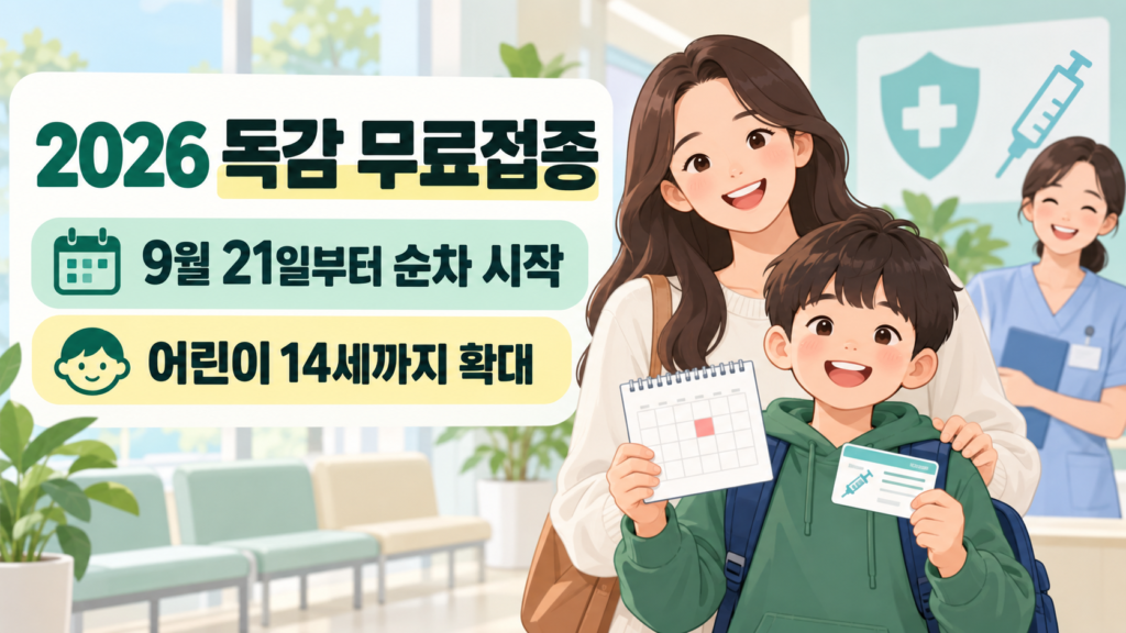 2026년 독감 무료접종이 9월 21일부터 순차 시작되고 어린이 대상이 14세까지 확대됐음을 알리는 이미지