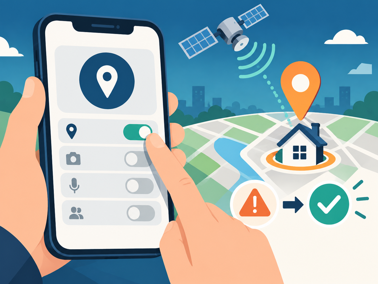 스마트폰 위치 권한과 GPS 오류 해결을 설명하는 삽화