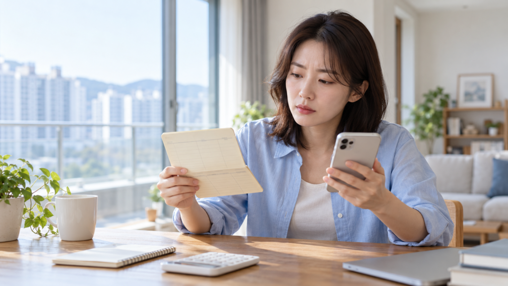 오래된 청약통장과 스마트폰을 비교하며 종합저축 전환을 검토하는 모습
