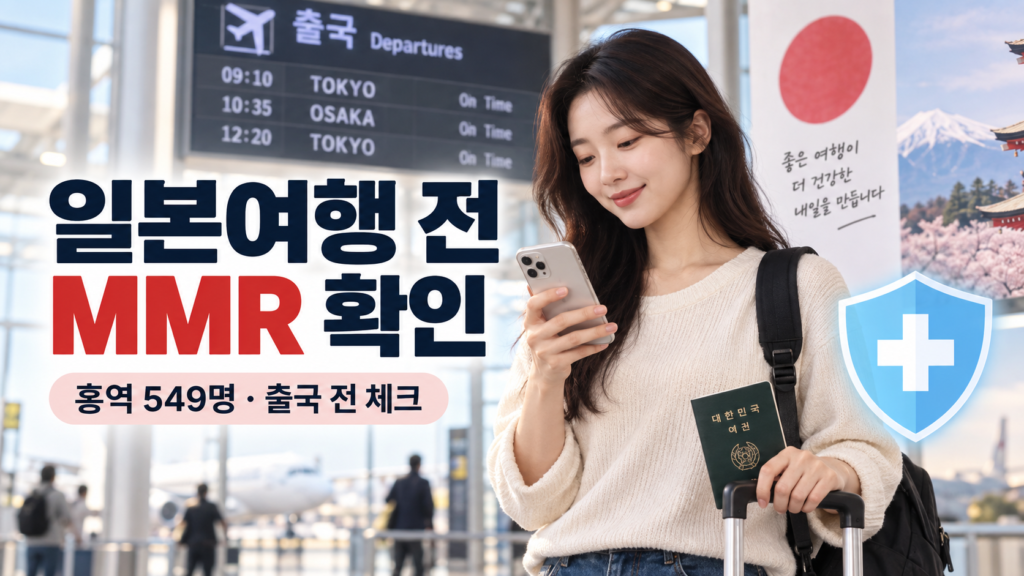 공항에서 일본 여행 전 MMR 예방접종 기록을 확인하는 여행자