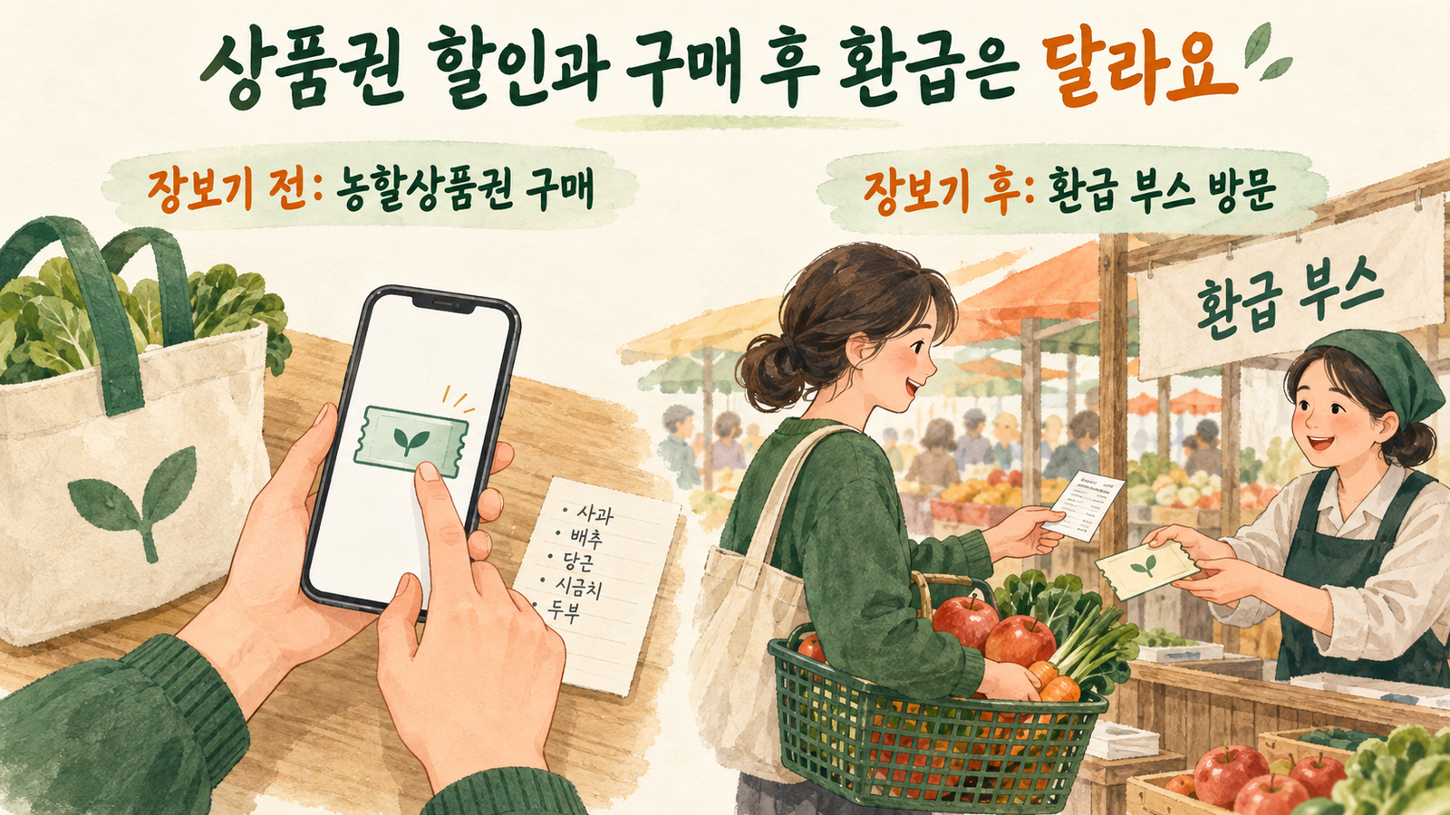 장보기 전 상품권 구매와 구매 후 환급을 비교한 AI 삽화