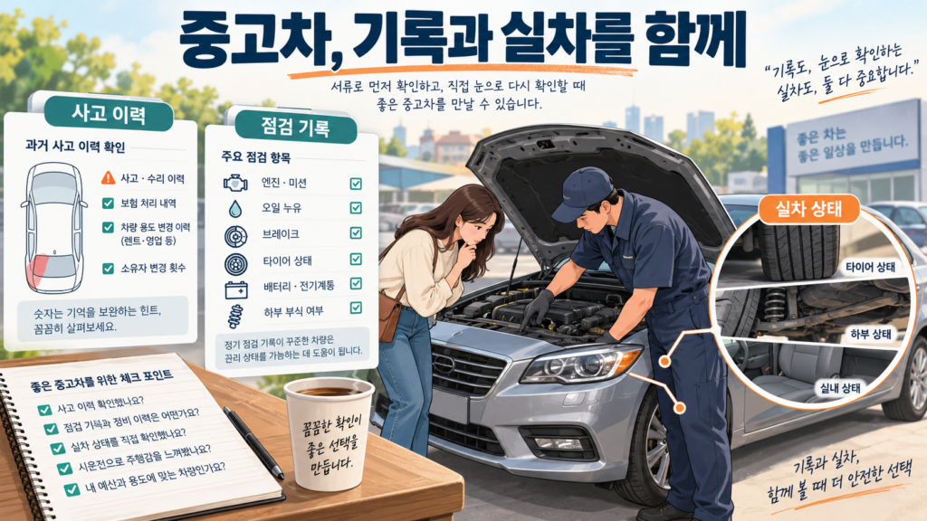 중고차, 기록과 실차를 함께 — 핵심 확인 항목을 설명하는 일러스트