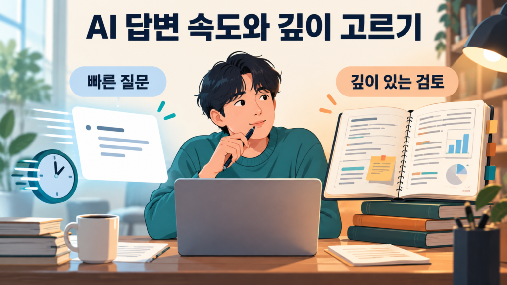 AI 답변 속도와 깊이 고르기 — 핵심 확인 항목을 설명하는 일러스트