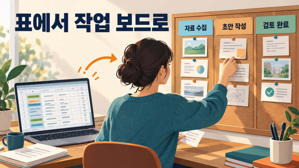 표에서 작업 보드로 — 핵심 확인 항목을 설명하는 일러스트
