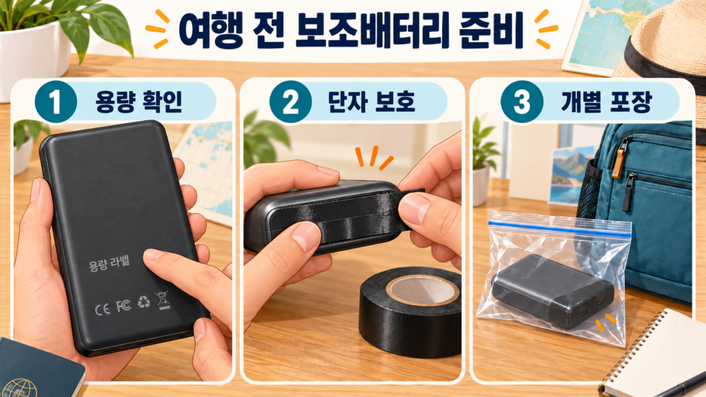 보조배터리 용량 확인, 단자 절연, 개별 포장을 설명하는 AI 일러스트