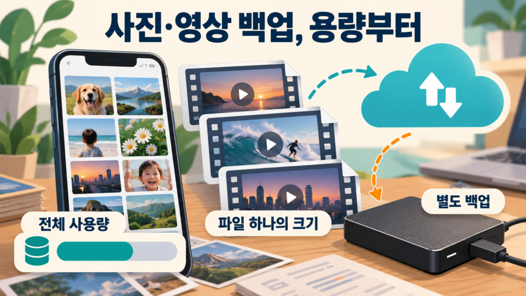 사진·영상 백업, 용량부터 — 핵심 확인 항목을 설명하는 일러스트
