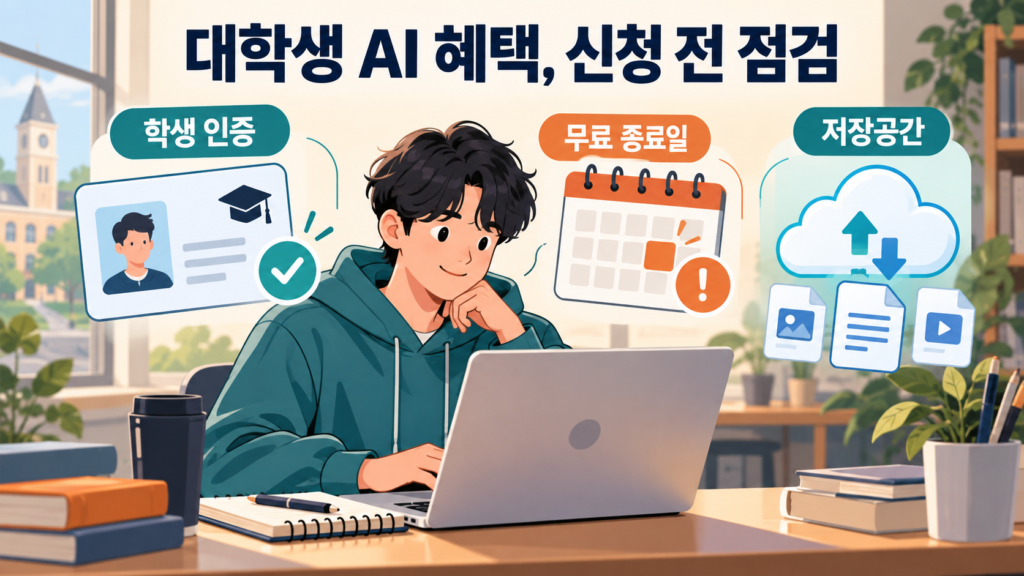 대학생 AI 혜택, 신청 전 점검 — 핵심 확인 항목을 설명하는 일러스트