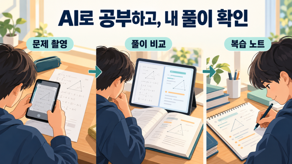 AI로 공부하고, 내 풀이 확인 — 핵심 확인 항목을 설명하는 일러스트