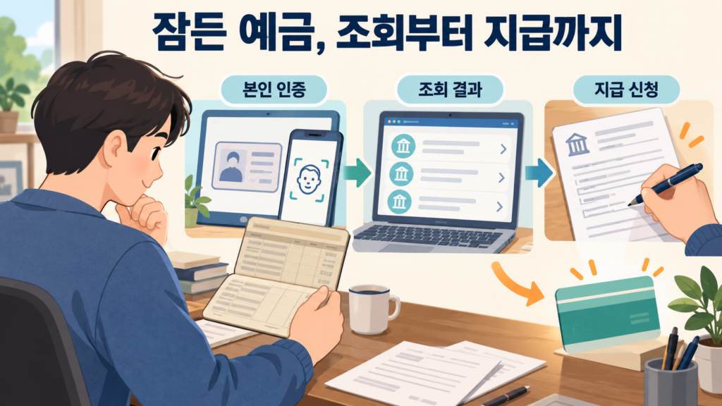 잠든 예금, 조회부터 지급까지 — AI 생성 설명용 일러스트