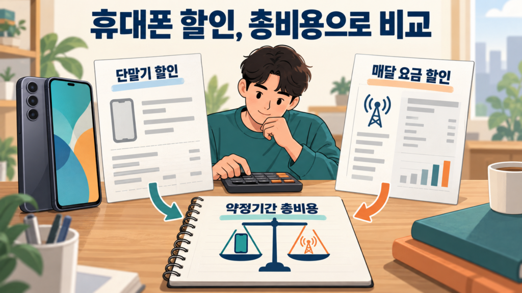 휴대폰 할인, 총비용으로 비교 — AI 생성 설명용 일러스트