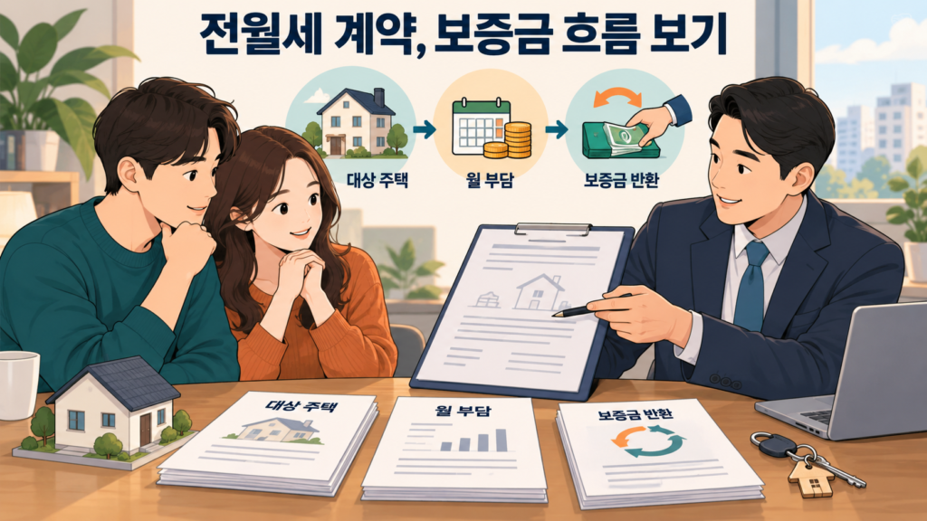 전월세 계약, 보증금 흐름 보기 — AI 생성 설명용 일러스트
