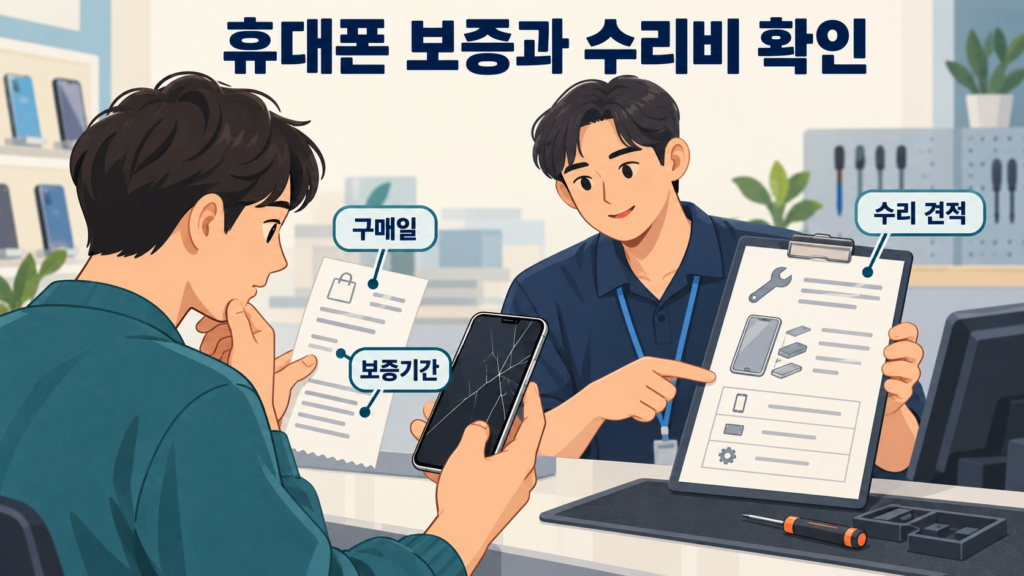 휴대폰 보증과 수리비 확인 — AI 생성 설명용 일러스트