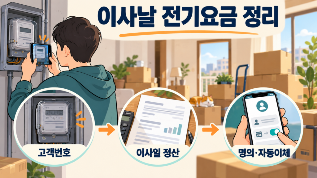 이사날 전기요금 정리 — AI 생성 설명용 일러스트