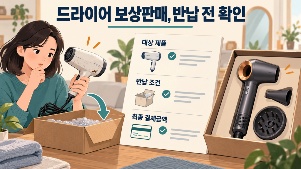 드라이어 보상판매, 반납 전 확인 — AI 생성 설명용 일러스트