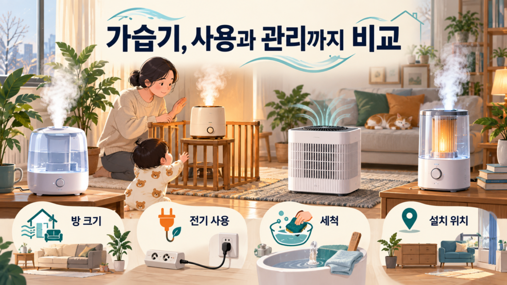 가습기, 사용과 관리까지 비교 — AI 생성 설명용 일러스트