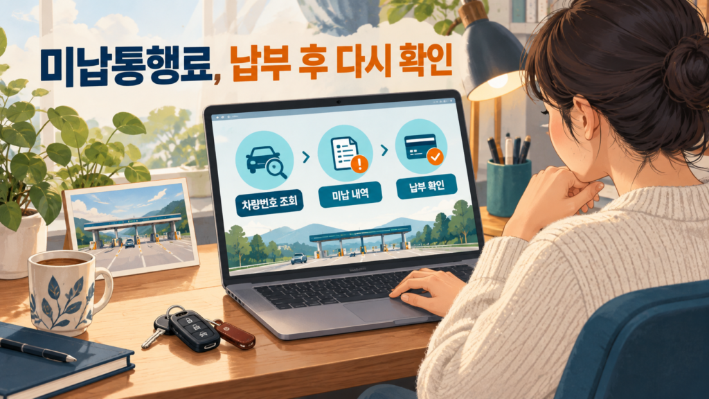 미납통행료, 납부 후 다시 확인 — AI 생성 설명용 일러스트