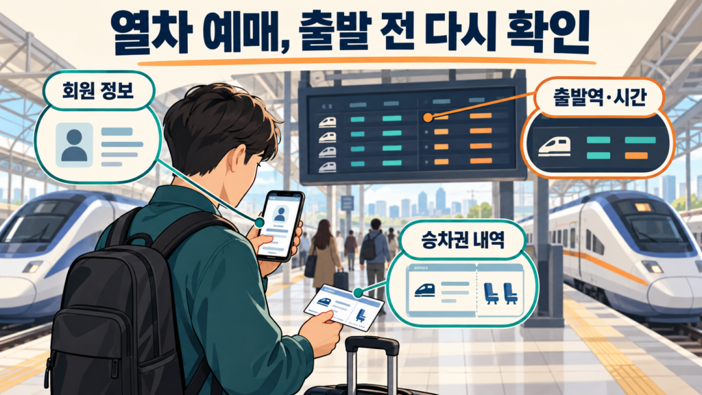 열차 예매, 출발 전 다시 확인 — AI 생성 설명용 일러스트