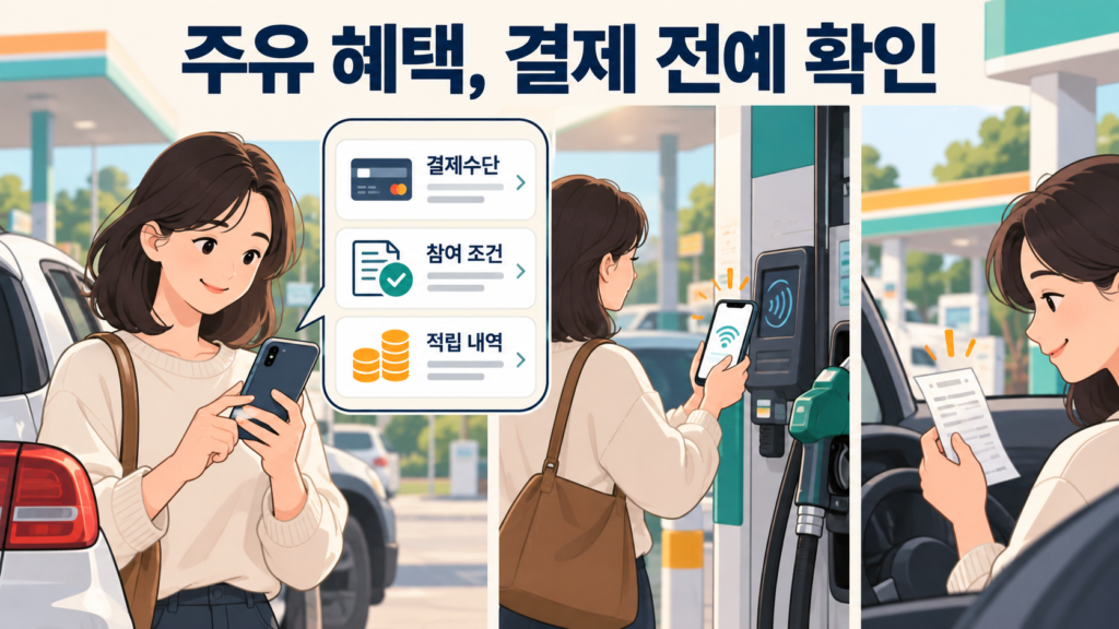 주유 혜택, 결제 전에 확인 — AI 생성 설명용 일러스트