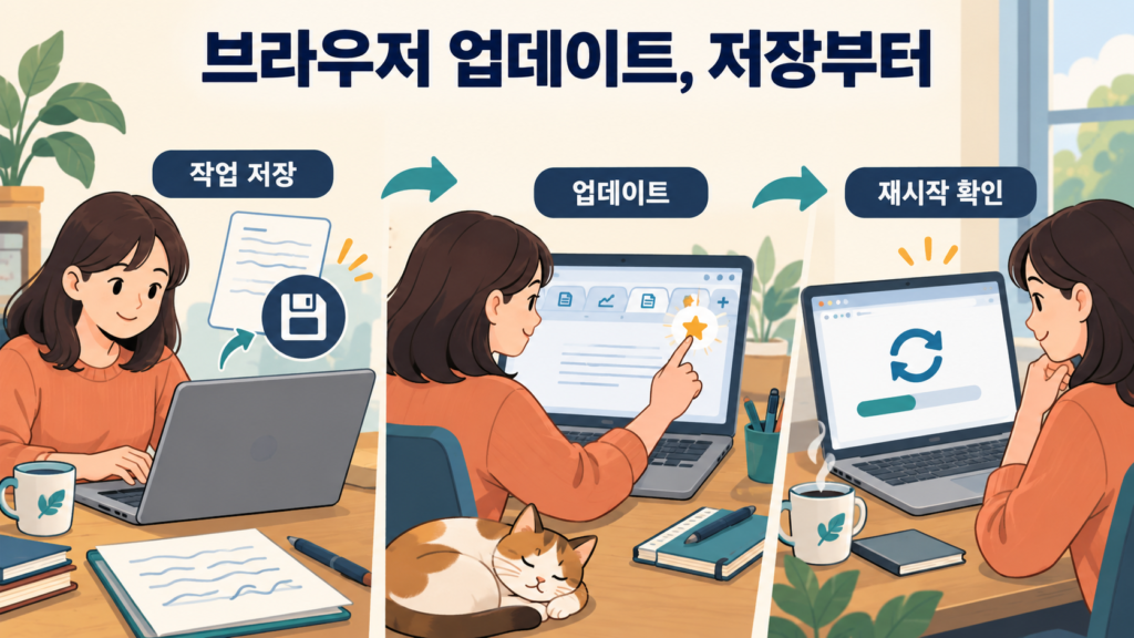 브라우저 업데이트, 저장부터 — AI 생성 설명용 일러스트