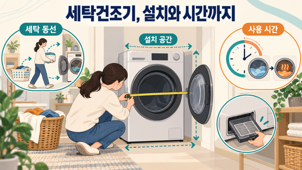세탁건조기, 설치와 시간까지 — AI 생성 설명용 일러스트