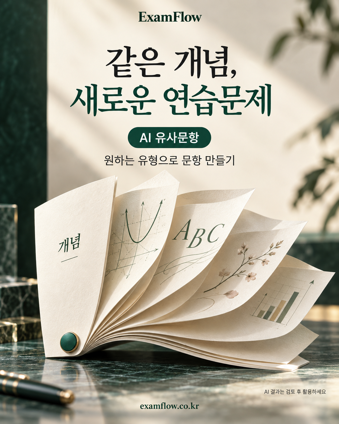 ExamFlow AI유사문항 기능을 소개하는 광고용 연출 이미지