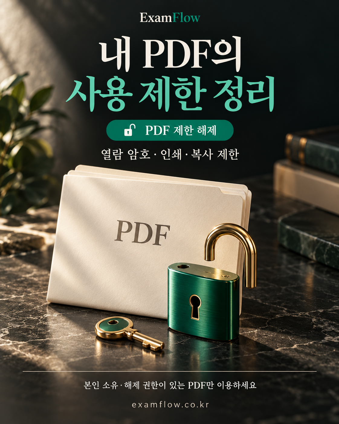 ExamFlow 권한있는PDF제한해제 기능을 소개하는 광고용 연출 이미지