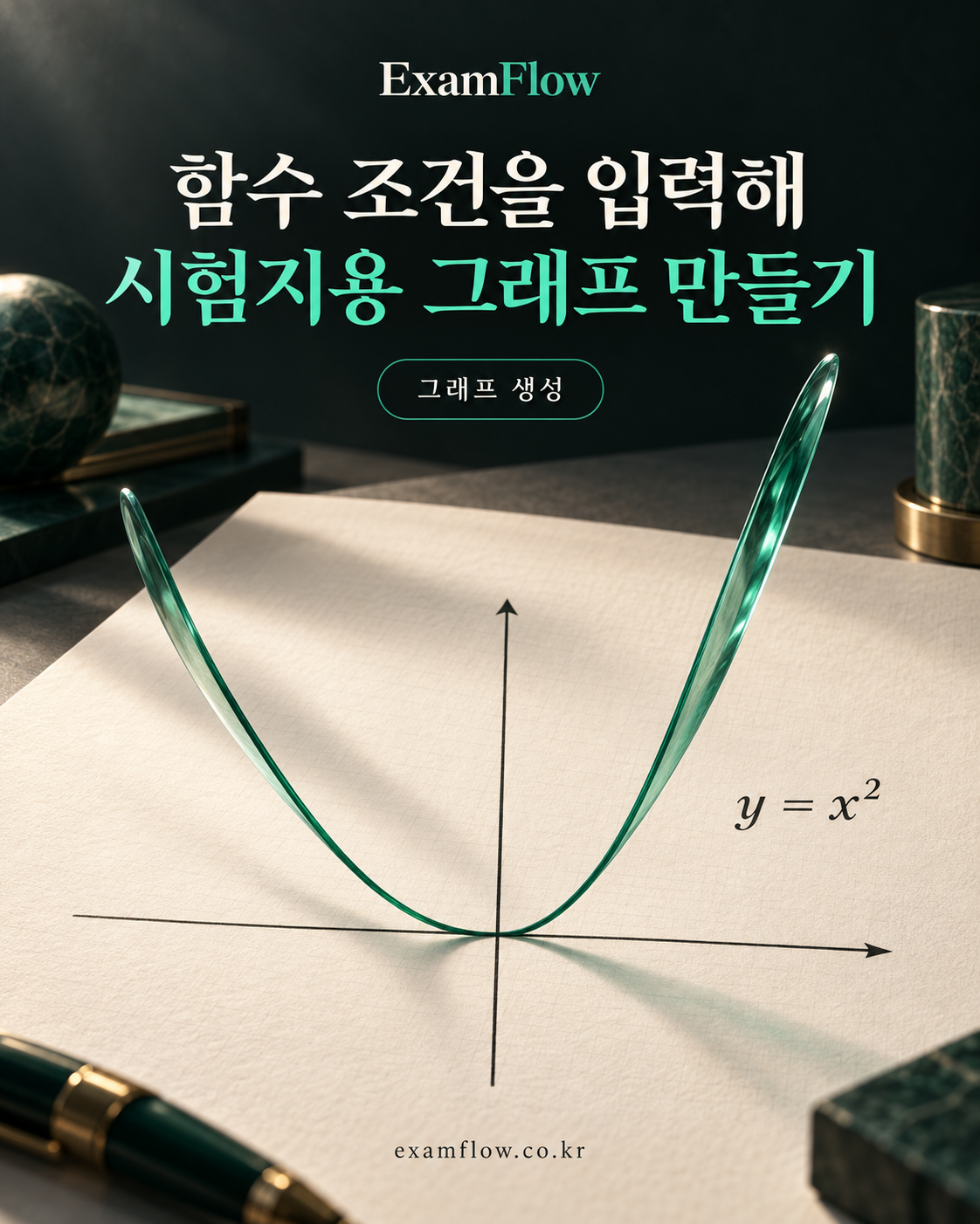 ExamFlow 함수그래프생성 기능을 소개하는 광고용 연출 이미지