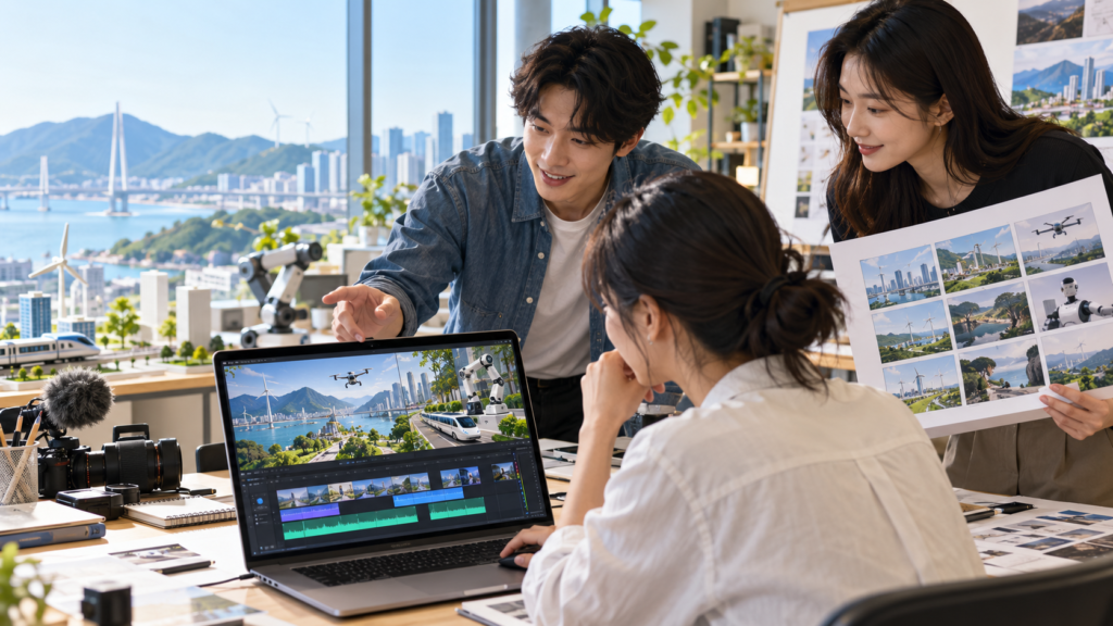 지역 성장엔진을 주제로 AI 영상을 제작하는 참가자들