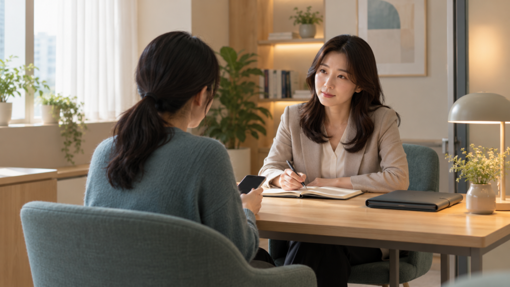 안전한 상담실에서 젠더폭력 피해 지원 상담을 받는 사람과 전문 상담사