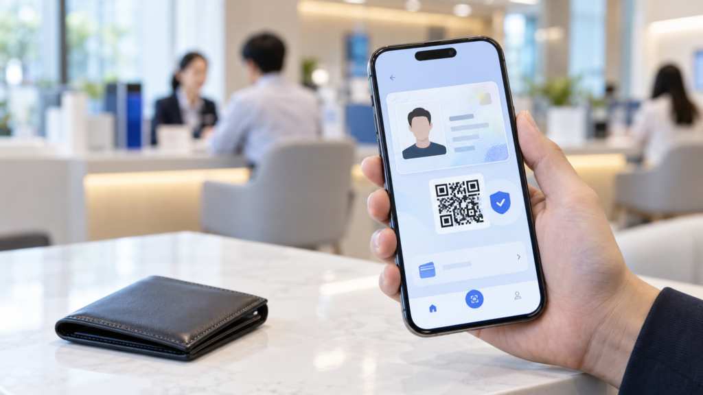 은행에서 스마트폰의 모바일신분증 QR 화면을 제시하는 모습